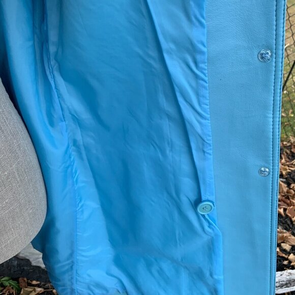 Vintage 60s 70s Faux Leather Trench Coat Belted Light Blue Overcoat - Picture 10 of 14